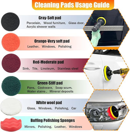 15Pcs Drill Brush Attachment Set, Drill Scrubber Brush Kit Include Soft Drill Wheel Brush, Scrub Pads, Sponge, Drill Cleaning Brush Attachment Set for Car, Bathroom, Tub, Tile, Floor, Grout, Boat