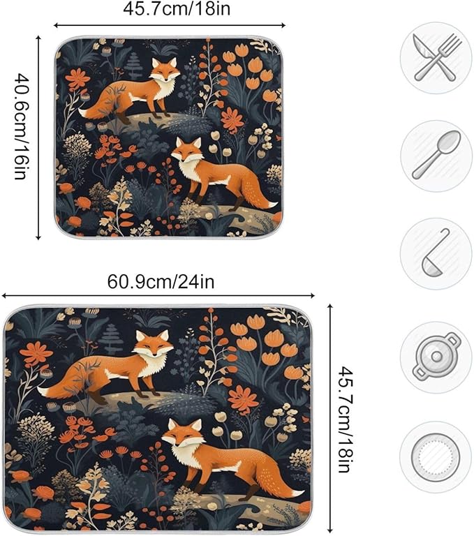 Dish Drying Mat Kitchen Counter Absorbent Two Foxes Coffee Sink Mat Dish Drainer Pad 18 Inch x 16 Inch