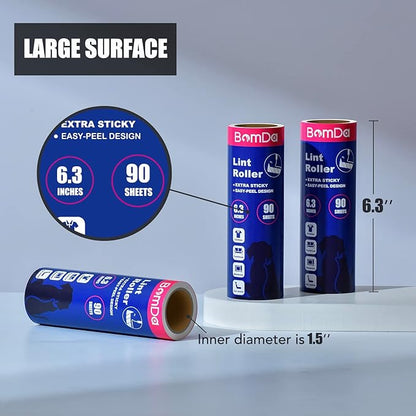 Extra Sticky Large Surface Lint Roller, 6.3'' Giant Lint Roller for Pet Hair, 360 Sheets/ 4 Refills, Long Handle Lint Remover for Clothes, Furniture, Dog & Cat Hair Remover (360 Sheets)