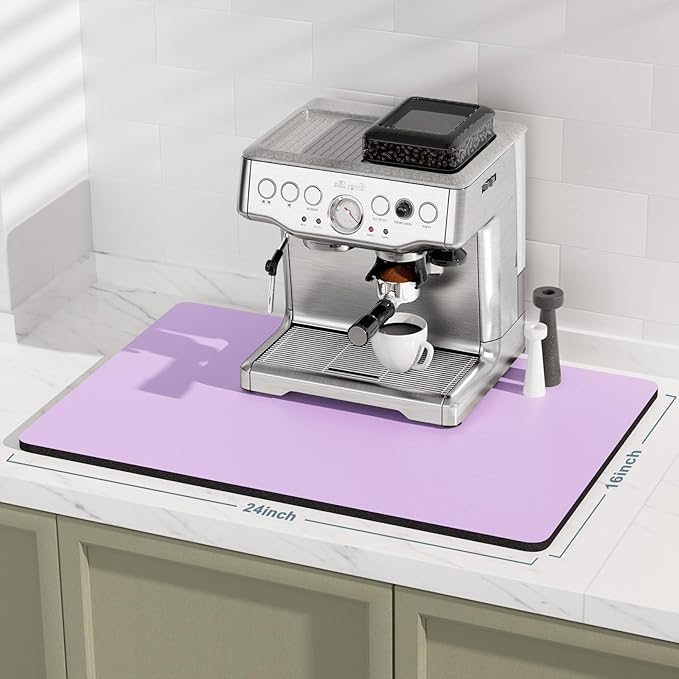 Rnivvi Coffee Mat, 16" x 24" Coffee Bar Mats for Espresso Machine Station Accessories and Organizer, Hide Stain Rubber Backed Absorbent Dish Drying Pad for Kitchen Counter, Cute Bar Decor Pad, Purple