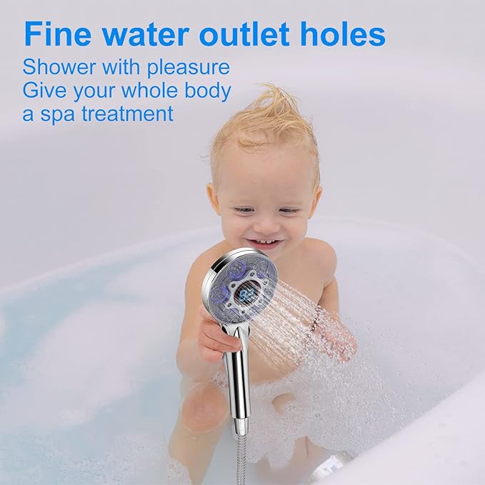 LED Shower Head with Handheld, Color Changing, Shower Head High Pressure with Water Temperature Display, Water Saving Spray Showerheads with 59" Hose and Shower Bracket for Low Water Pressure, Chrome