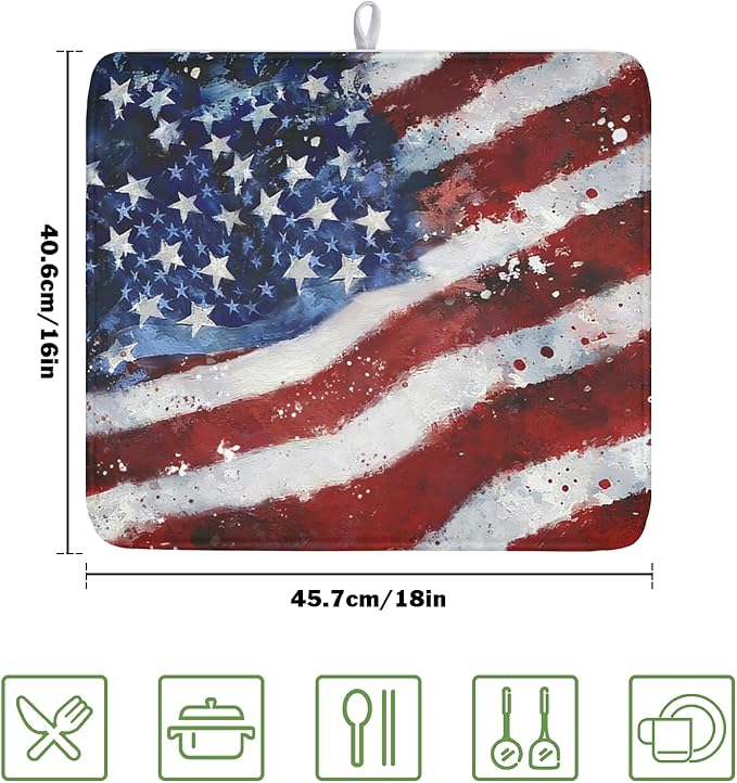 4th of July Dish Drying Mat 18x16 Inch, Patriotic Drying Mat with Absorbent Reversible Microfiber, Independence Day Dish Drainer Mats Memorial Day Rack Pad for Coffee Countertop Kitchen Protector