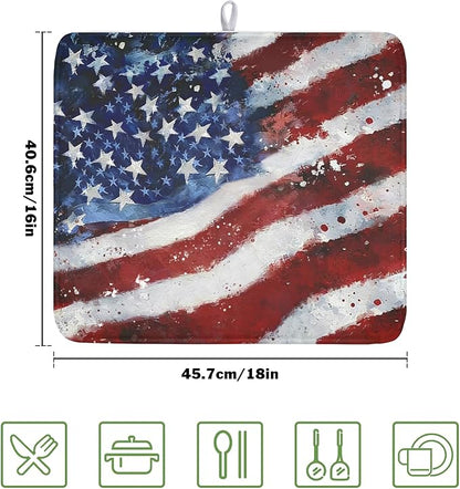 4th of July Dish Drying Mat 18x16 Inch, Patriotic Drying Mat with Absorbent Reversible Microfiber, Independence Day Dish Drainer Mats Memorial Day Rack Pad for Coffee Countertop Kitchen Protector