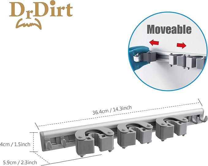 DrDirt Mop and Broom Holder Wall Mount | Heavy Duty Aluminum Mop & Broom Organizer with 3 Slots and 4 Hooks | Wall Mounted Storage for Kitchen, Bathroom, Laundry Room