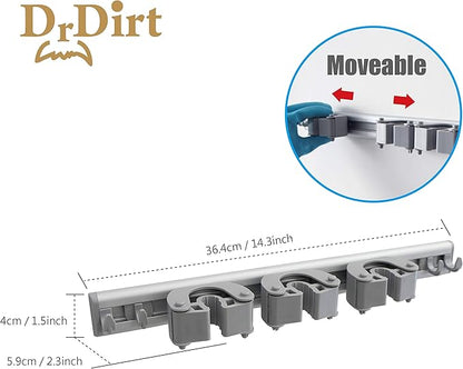 DrDirt Mop and Broom Holder Wall Mount | Heavy Duty Aluminum Mop & Broom Organizer with 3 Slots and 4 Hooks | Wall Mounted Storage for Kitchen, Bathroom, Laundry Room