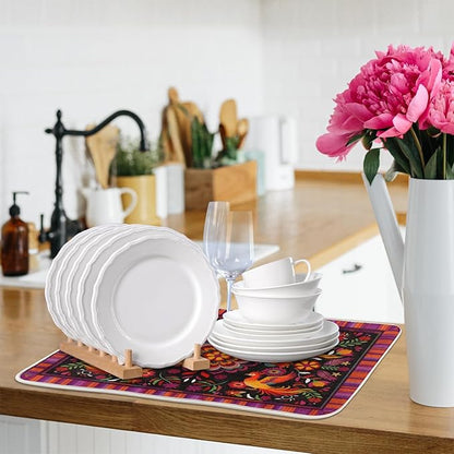 Dish Drying Mats with Hanging Loop for Kitchen Counter - Super Absorbent & Microfiber Sink Dry Mat with Mexican Flower, Non-Slip Backing, Dishes, Sink, Countertop Protection 18"x24"