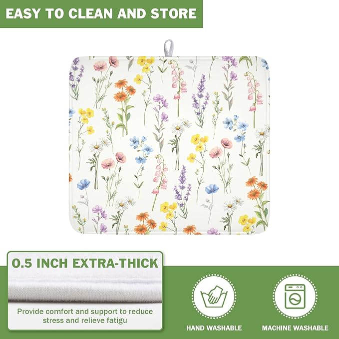 Spring Floral Dish Drying Mat for Kitchen Counter 16 x 18 Inch Colorful Flowers Dish Drainer Mat Absorbent Microfiber Dish Rack Pad for Summer Holiday Coffee Dining Bar Decor
