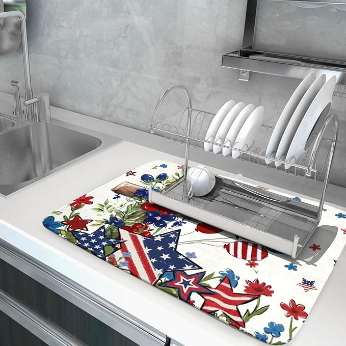 Star Floral Patriotic 4th of July Dish Drying Pad 18 x 24 Inch With Absorbent Reversible Microfiber Memorial Day Drying Mats Dish Drainer Mat Fast Dry For Kitchen Dining Room Decoration