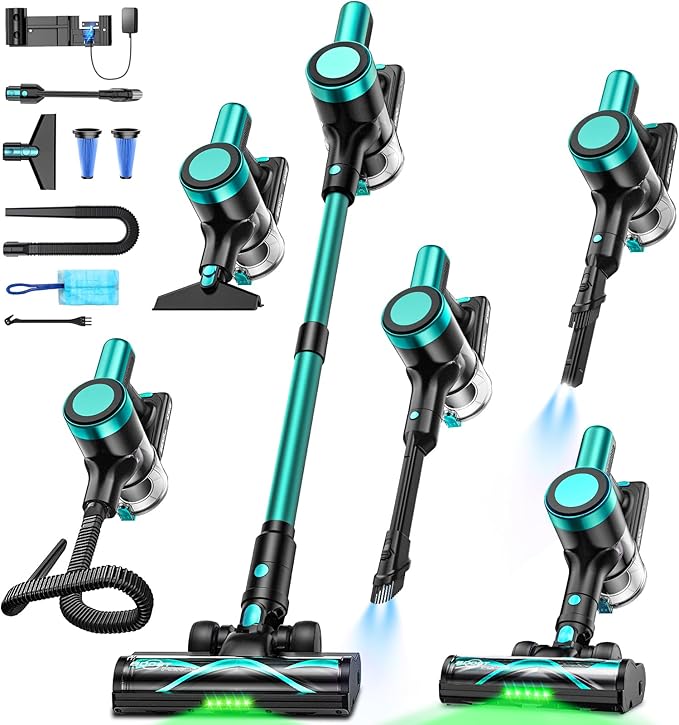 Cordless Vacuum Cleaner,58kPa/10-in-1 Stick Vacuum with 29-inch Hose and LED Lighting Brush,50Mins Runtime Vacuum Cleaner for Home,Self-Standing Vacuum with Anti-Tangle Brush for Pet Hair/Carpet/Floor