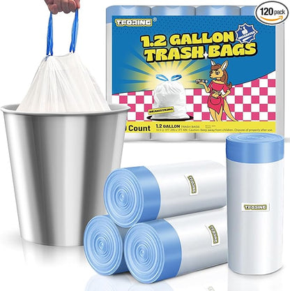 1.2 Gallon Mini Trash Bags Drawstring - 120 Count Thick Small Garbage Bags Unscented,White Trash Can Liners Strong Little Waste Basket Bags 4.5 Liter for Home Bathroom Office Car
