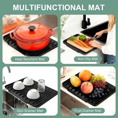 Silicone Kitchen Countertop Dish Drying Mat with Water Collection Tray Non-Slip Pad ( Black)