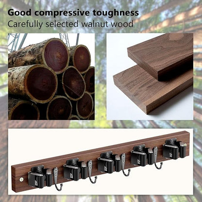 Broom Holder Wall Mount, Rustic Wood Broom Hanger with 5 Racks and 4 Hooks, Laundry Room Organization and Storage, Mop Holder for Home Decor, Garden, Garage, Kitchen, Closet (Black walnut Wood)