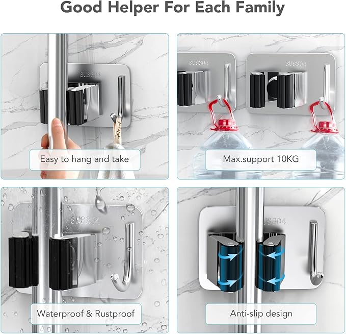 homeasy Mop Broom Holder No Drill, Mop Broom Organizer Wall Mounted Heavy Duty with Hooks Hanger, Self Adhesive Stainless Steel 4Pcs for Bathroom, Kitchen, Office (Multicolor)