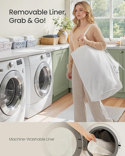 SONGMICS Laundry Hamper with Lid, 23.8 Gallon (90L) Synthetic Rattan Clothes Laundry Basket with Lid and Handles, Foldable, Removable Liner, Summer Sand ULCB051LZ01