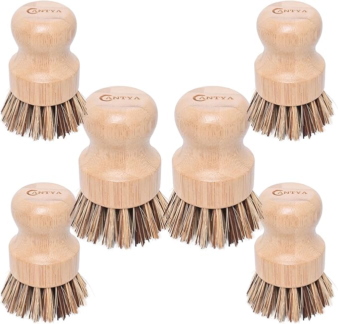 6 Packs Bamboo Dish Brush - Kitchen Scrub Brush, Natural Union Fiber and Tampico Fiber Dish Scrubber for Washing Cast Iron Pan/Pot(Hard Bristle)