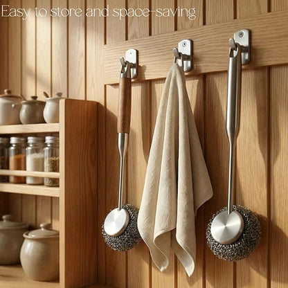 Stainless Steel Scrubber Set, Steel Wool & Steel Ball Cleaning Brush with Replaceable Heads, Heavy Duty Steel Cleaner for Oven, Stove, Dishes & Grill,4Pcs Includes 2 Pcs Pads