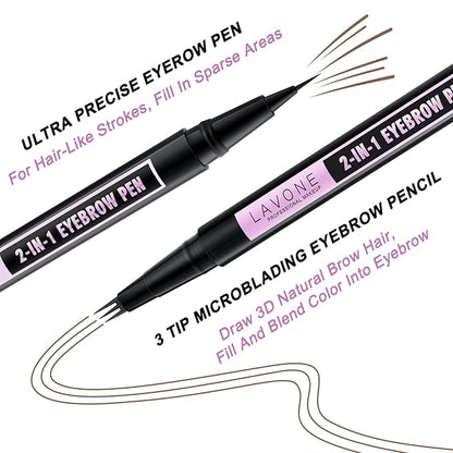 LAVONE Eyebrow Pencil, 2-In-1 Waterproof Eyebrow Pen, with 3 Tip Microblading Eyebrow Pen and Ultra-Precise Brow Pencil, Dual-ended Eyebrow Brush, for Eyebrow Makeup - Soft Brown