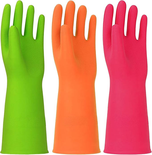 3 Pairs Rubber Cleaning Gloves Latex Free Dishwashing Gloves - 13" Reusable Nitrile Gloves Small, Green+Orange+Red