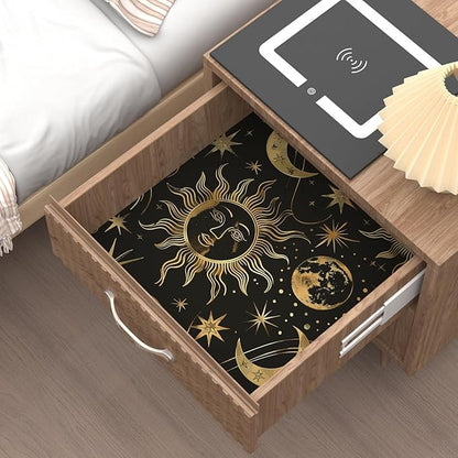 Laatse Black Peel and Stick Removable Vintage Wallpaper Gold Celestial Sun Moon Star Contact Paper 17.5" x 393" Dark Boho Mural Waterproof for Wall Bedroom Kitchen Bathroom Cabinet Room Decor