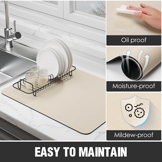 Dish Drying Mat for Kitchen Counter Super Absorbent Drainer Mats with Non-slip Rubber Backed Hide Stain Heat Resistant Easy to Clean Dish Rack Mat (Beige, S-14"x11")
