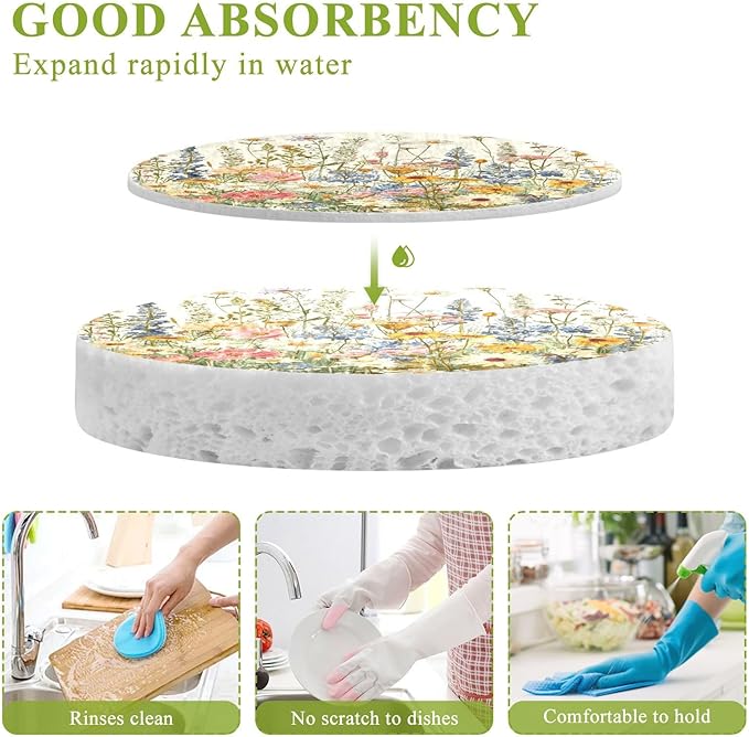 Wildflower Kitchen Scrub Sponges, Pop-up Kitchen Cleaning Sponges Reusable Dish Washing Sponges for Bathroom Household Cleaning 3 Pack - Non Scratch Scrubber
