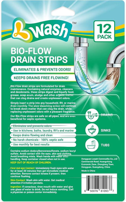 Bio-Flow Drain Strips - Lemon Scent Odor Remover & Freshener - 12 Strips