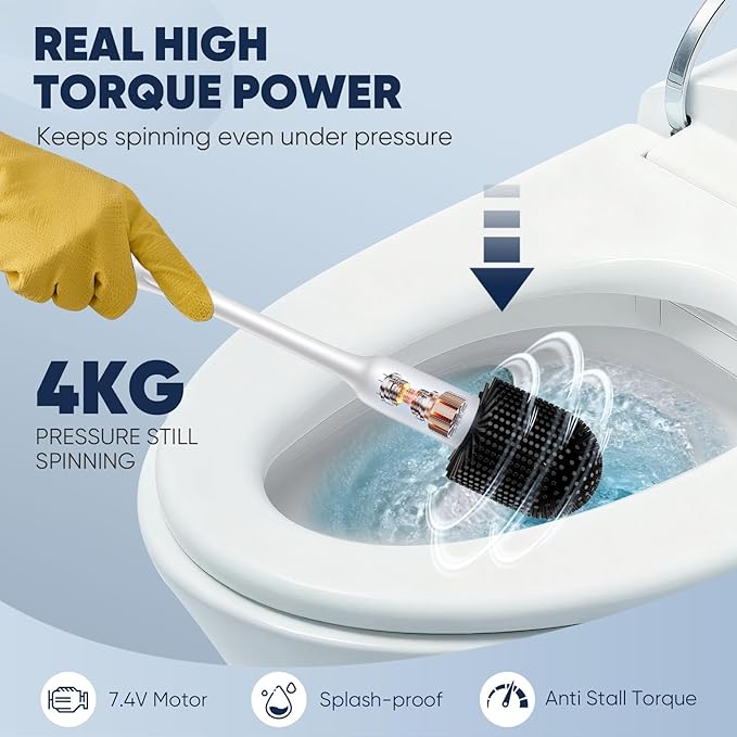 EKZ Electric Toilet Brush with UV Stain Detection, High-Torque Power, Dual-Speed (80/200 RPM), Splash-Resistant Silicone Scrubber Head, Hygienic Wall-Mount Holder, Type-C Rechargeable, White