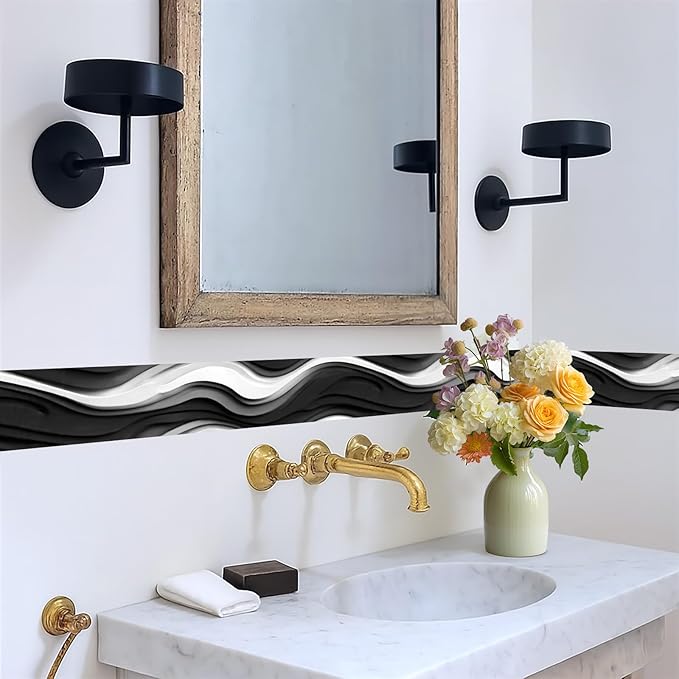 Black and White Wave Wallpaper Border 196x4 Inch Peel and Stick Wall Border Self Adhesive Modern Wall Trim Borders Removable for Kitchen Bathroom Bedroom Living Room Home Decor