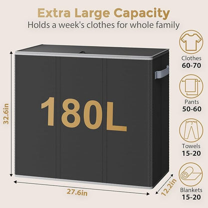 180L Laundry Hamper 3 Section, Large Laundry Hamper with Lid, Dirty Clothes Hampers with Handles, Laundry Basket Organizer for Laundry, Bedroom, Bathroom, Laundry Sorter Baskets, Black