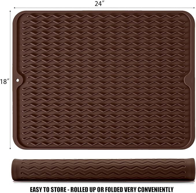 Large 24" x 18" Silicone Dish Drying Mat for Kitchen Counter, Easy clean, Quick Dry, Heat-resistant Dish Drainer Mat for Sink,Refrigerator or Drawer liner (Food Grade Silicone-Coffee)