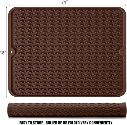 Large 24" x 18" Silicone Dish Drying Mat for Kitchen Counter, Easy clean, Quick Dry, Heat-resistant Dish Drainer Mat for Sink,Refrigerator or Drawer liner (Food Grade Silicone-Coffee)