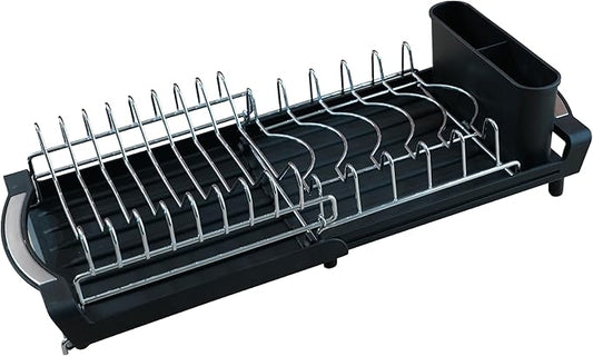 Dish Drying Rack Compact Expandable Double-Decker: Stainless, Rust-Proof, fits Kitchens/Apartments, extends 11.42"-19.9" (Black).
