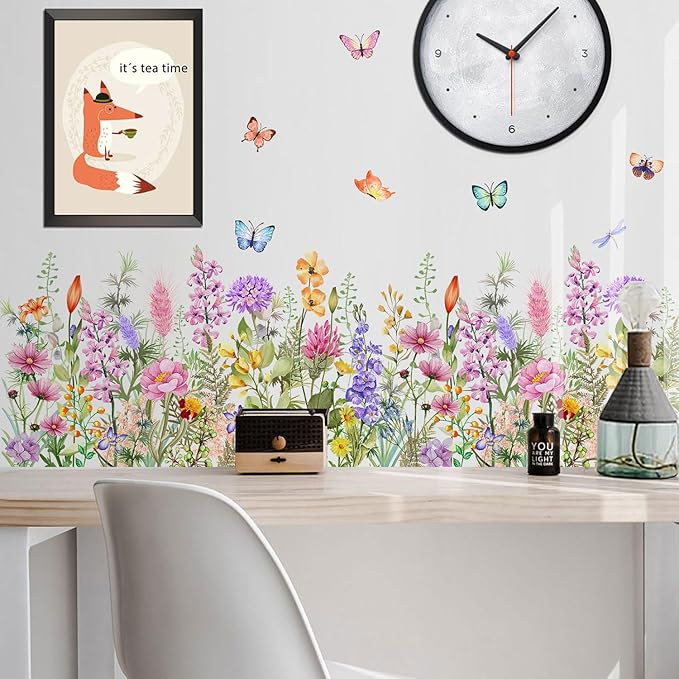 Wildflower Wall Decals Peel & Stick Floral Wall Art - Removable Flower Wall Stickers for Girls Bedroom Nursery Living Room DIY Home Decor with Butterflies Vines Daisies