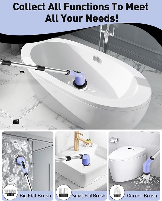 Electric Spin Scrubber for Cleaning Bathroom, Shower Scrubber Rotary Floor Brushes with IPX7 Waterproof & 2 Speed, 3 Brush Heads, Bathroom Cleaning Supplies for Shower Tub Tile Toilet Purple
