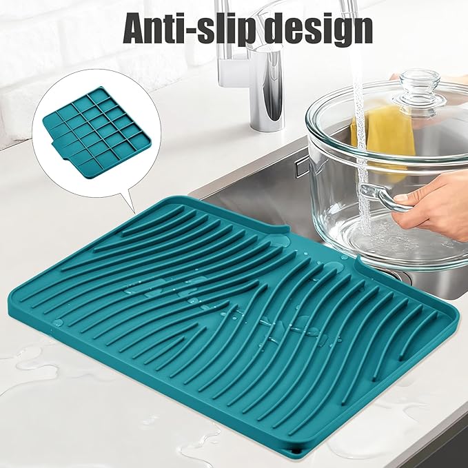 TIKNIK Silicone Dish Drying Mat, Stone Drying Mat for Kitchen Counter with Built-In Drain, Non-Slip Drain Pad with Built-in Drain, Heat Resistant Stone Drying Mat, Hangable, Green-1pcs, 16" x 12"