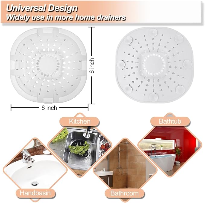 Hair Drain Catcher,Square Drain Cover for Shower Strong Adhesion Silicone Hair Stopper with Suction Cup,Easy to Install Suit for Bathroom,Bathtub,Kitchen 2 Pack (Jet Black White)