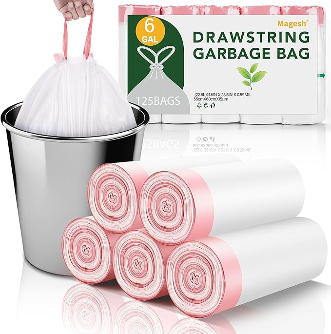 6 Gallon Trash Bags Drawstring Unscented - White Medium Kitchen Garbage Bags Plastic 125 Count 22.5 Liter Recycling Office Bathroom Waste Basket Liners Strong Thick Bulk Magesh
