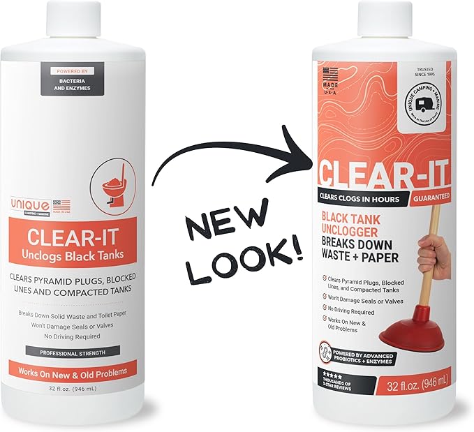 Unique Clear-It RV Black Tank Unclogger Liquid - Breaks Through Pyramid Plugs, Compacted Tanks, and Clogged Pipes (32 oz) Amazon Exclusive Packaging