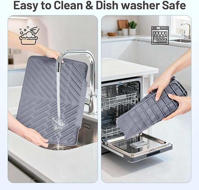 Silicone Dish Drying Mat for Kitchen Counter Essentials with Wider Drain Spout, Non-Slip Heat Resistant Dish Drying Pad with Hanging Hole for Sink RV Camper Travel Multipurpose Drainer Mat Grey
