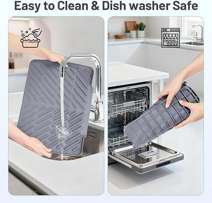 Silicone Dish Drying Mat for Kitchen Counter Essentials with Wider Drain Spout, Non-Slip Heat Resistant Dish Drying Pad with Hanging Hole for Sink RV Camper Travel Multipurpose Drainer Mat Grey