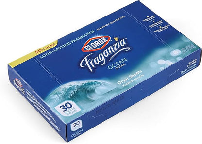 Clorox Fraganzia Fabric Softener Dryer Sheets, Wrinkle Reducing and Anti Static Laundry Dryer Sheets for Great Smelling Clothes, Softens Fabrics, Fresh Ocean Scent, 30 Count