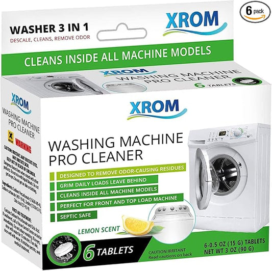 XROM Plant Based, Washer Cleaner And Descaler, Removes Odors, Limescale & Detergent Build-Up, Removes Hard Water Stains, For Front and Top Load, 6 Per Pack (Lemon)