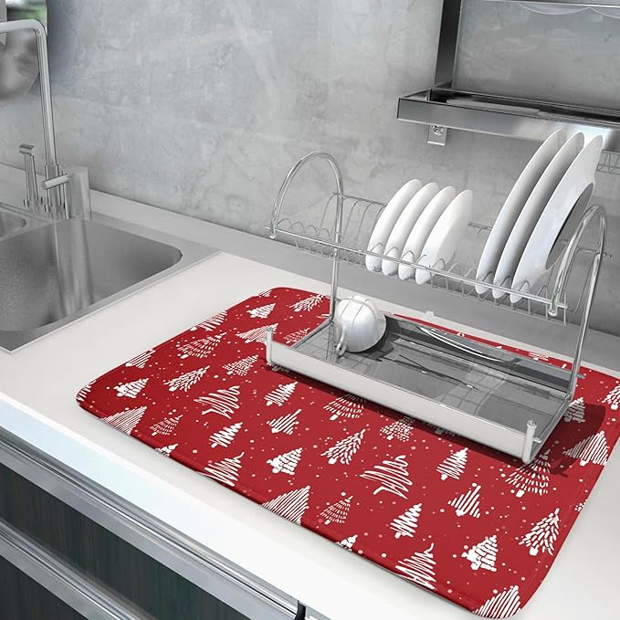 Christmas Dish Drying Mat 18 x 24 Inch With Absorbent Reversible Microfiber Red Xmas Tree Snowflake Drying Mats Winter Holiday Dish Drainer Mat Fast Dry For Kitchen Dining Room Decoration
