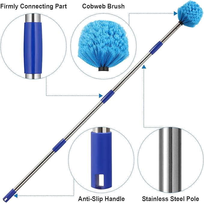 Cobweb Duster with Extension Pole, 4 FT Stainless Steel Pole with Spider Web Brush Head Ceiling Fan Duster for Outdoor Indoor Cleaning, Reach UP to 10-12 FT