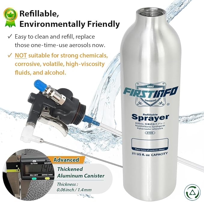 FIRSTINFO A1638 (3rd Gen) Patented Lightweight Max. Pressure 140psi / 620ml Thickened Aluminum Canister Refillable Aerosol Spray Can | Compressed Air Sprayer | Wide Mist Spray