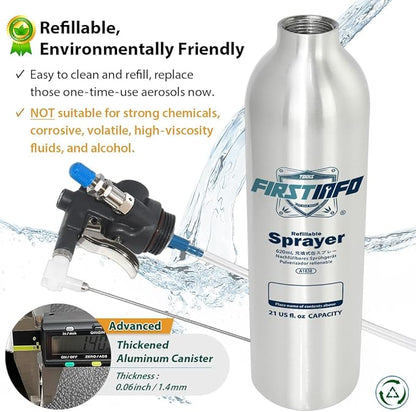 FIRSTINFO A1638 (3rd Gen) Patented Lightweight Max. Pressure 140psi / 620ml Thickened Aluminum Canister Refillable Aerosol Spray Can | Compressed Air Sprayer | Wide Mist Spray