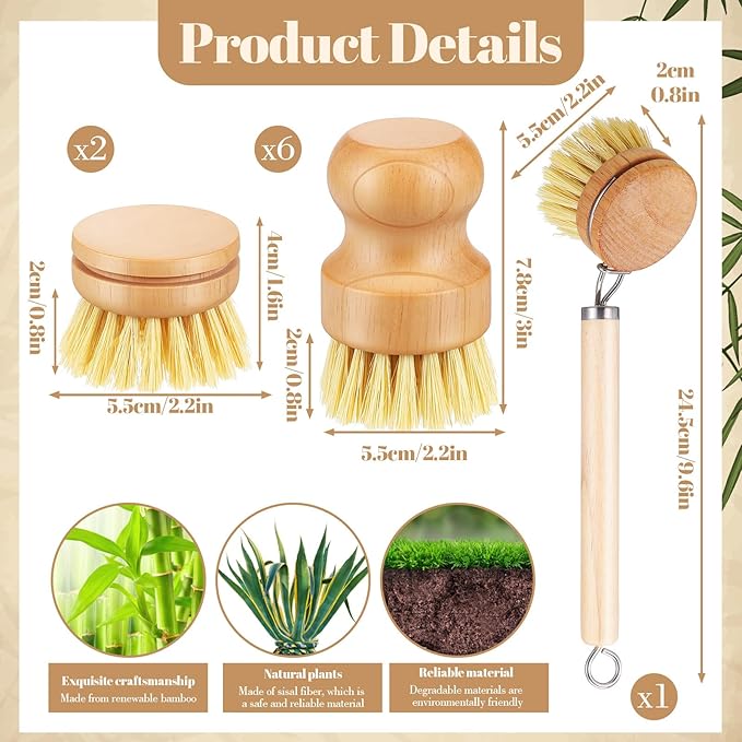 Bamboo Dish Brush Set, 9 Pack Kitchen Natural Wooden Cleaning Scrubbers Set Washing Dish Brush Scrubber with Natural Sisal Bristles for Household Cleaning Vegetables