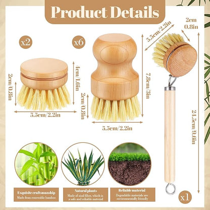 Bamboo Dish Brush Set, 9 Pack Kitchen Natural Wooden Cleaning Scrubbers Set Washing Dish Brush Scrubber with Natural Sisal Bristles for Household Cleaning Vegetables