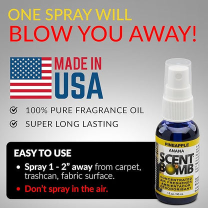 Scent Bomb Air Freshener Spray, Long-Lasting Odor Eliminator - Effective Deodorizer for Home & Car, Fresh Room Spray for Kitchen, Bathroom & Smell Neutralizer - 1 oz Pack of 4, Pineapple Scent