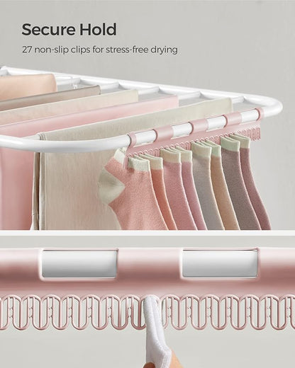 SONGMICS Clothes Drying Rack, with Sock Clips, Metal Laundry Rack, Foldable, Space-Saving, Free-Standing Airer, with 2 Height-Adjustable Gullwings, Indoor Outdoor Use, White and Pink ULLR052P01